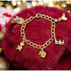 Christmas Reindeer Sleigh Present Teddy Bear Holly Bell Charm Bracelet 6.5 in